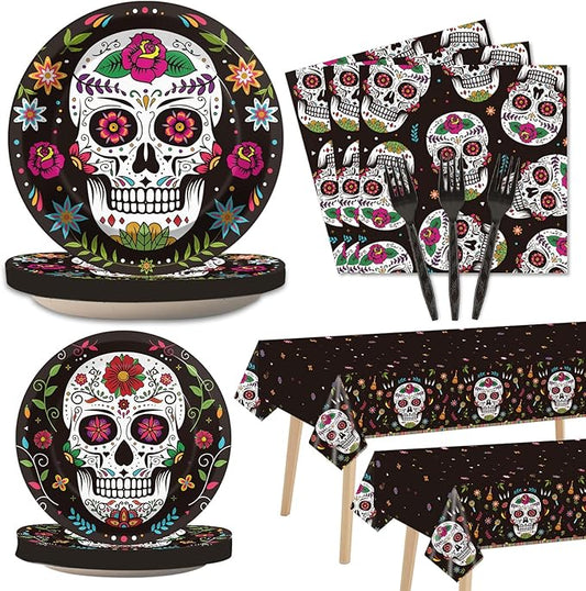 98pcs Day of the Dead Party Supplies Dia de Los Muertos Tablecloth Sugar Skull Tableware Set Plates for Mexican Fiesta Halloween Birthday Party Decor Carnival Tablecover Baby Shower Decorations Favors