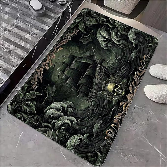 Diatomaceous Earth Bath Mat,Dark Pirate Ship,Ornate Skull Non-Slip Volume Super Absorbent Fast Drying Eco-Friendly Easy to Clean for Bathroom Kitchen Door mat 16×24Inch (40 * 60cm)
