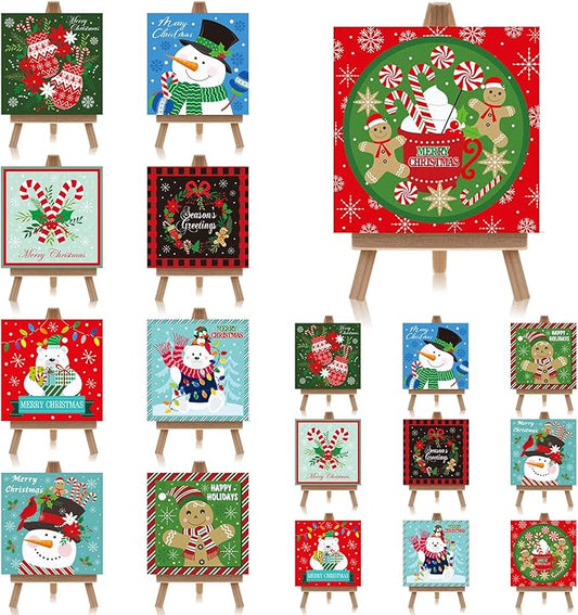 Wovnet 18 Set Christmas Mini Pre Drawn Canvas to Display with Wood Easels Bulk 4" x 4" Small Christmas Pre-Painting Signs Gifts for Holiday Xmas Living Room Office Home Table Wall Decorations