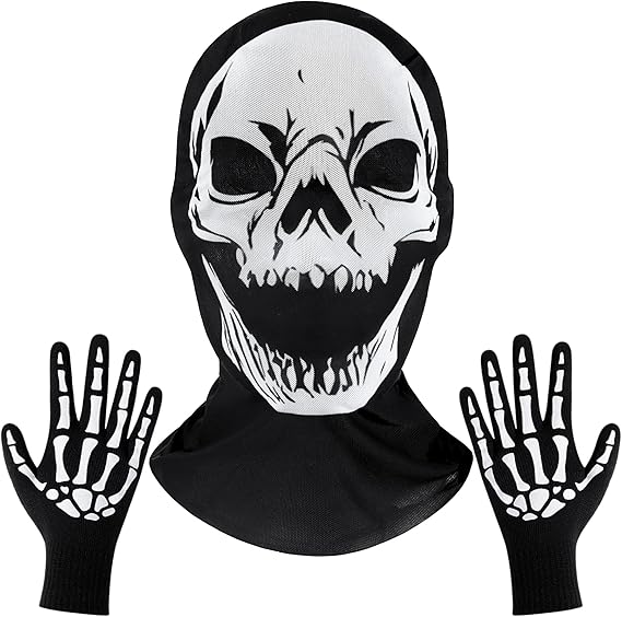 Adult White Skull Mask and Skeleton Gloves Costume Accessories for Halloween Masquerade Themed Parties