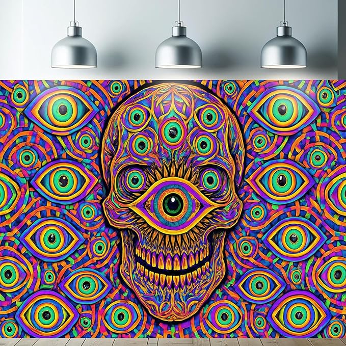 Starlit Patio All Seeing Eye Skull Tapestry UV Reactive Blacklight Wall Hanging Trippy Fluorescent Optical Illusion Rainbow Eyeballs for Bedroom Dorm Living Room Psychedelic Decor Poster 78 x 59 Inch