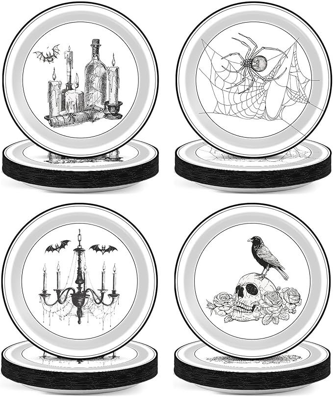 CHUNNIN 60pcs Halloween Paper Disposable Plates Vintage Gothic Dessert Plates Halloween Party Decorations Vintage Skull Raven Spider and Bottle 9Inch Round Dinner Tableware for Spooky Party Supplies
