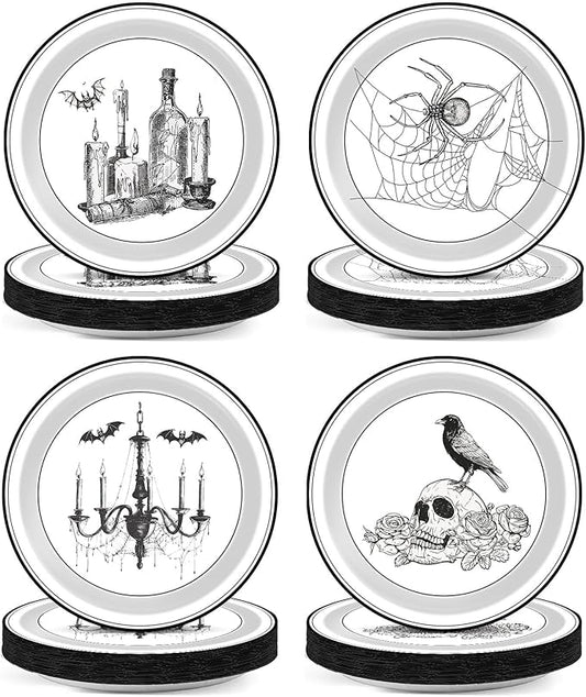 CHUNNIN 60pcs Halloween Paper Disposable Plates Vintage Gothic Dessert Plates Halloween Party Decorations Vintage Skull Raven Spider and Bottle 9Inch Round Dinner Tableware for Spooky Party Supplies