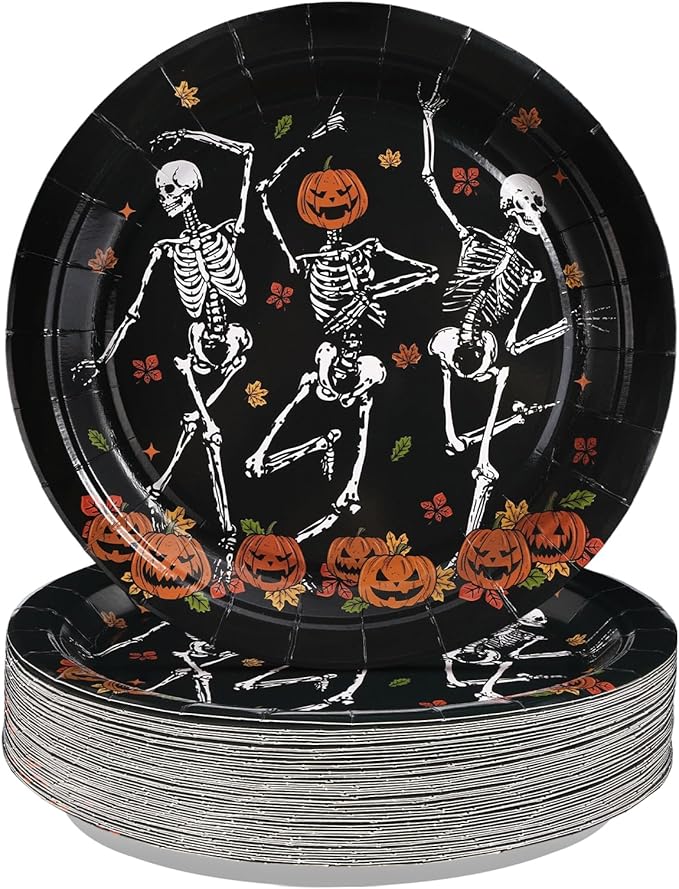Grencian 50PCS Skeleton Party Supplies 9" Pumpkin Dancing Skull Plates Halloween Gothic Skull Plates Disposable Skeleton Theme Tableware for Spooky Ghost Holiday Horror Party Decorations
