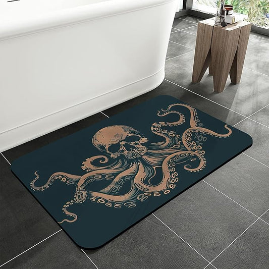 Vintage Skull Octopus Bathroom Rugs,Absorbent Quick Dry Bath Mat,Water Absorbing Soft Easy Clean Shower Mat for Bathroom,Tub and Shower,Machine Washable,15.7"×23.6"