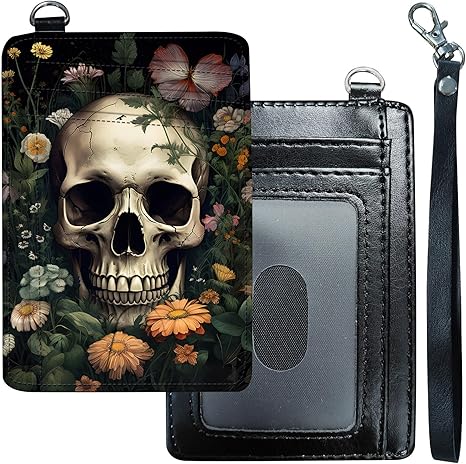 Slim Minimalist Wallet for Men Women Small Credit Card Holder Wallet Front Pocket RFID Blocking Wallets Travel Thin Card Case with ID Window Card Organizer & Wristlet,Skull Wild Flower