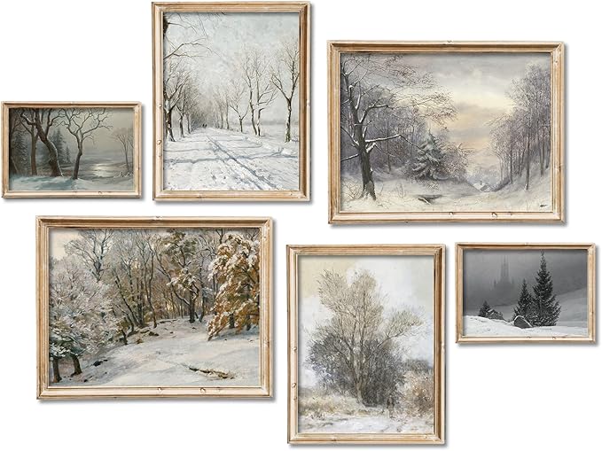 JarThenaAMCS Set of 6 Winter Wall Art Prints French Country Landscape Oil Painting Poster Rustic Snow Pine Trees Pictures Christmas Room Decor for Gallery Wall Home Nordic Decor (No Frame)