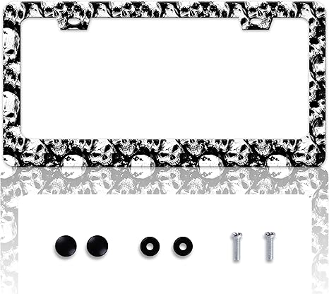 Skull License Plate Frame Skeleton License Plate Holder Personalise Stainless Steel Funny Design Compatible with Standard License Plate Frames for USA and Canada 6 X 12 Inch 2 Holes with Screws