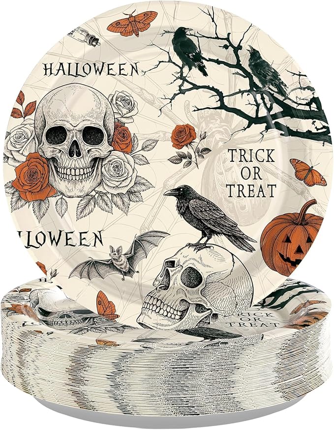 Grencian 50 Pcs Halloween Gothic Skull Paper Plates 9" Trick or Treat Dessert Plates Disposable Vintage Horror Skeleton Party Supplies for Halloween Horror Birthday Party Decorations