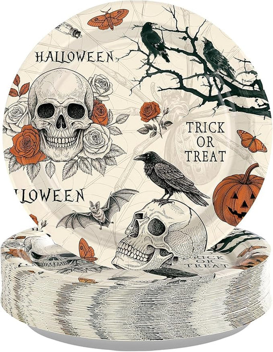 Grencian 50 Pcs Halloween Gothic Skull Paper Plates 9" Trick or Treat Dessert Plates Disposable Vintage Horror Skeleton Party Supplies for Halloween Horror Birthday Party Decorations