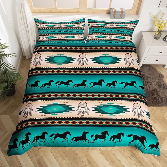 Horse Duvet Cover Dream Catchers Bedding Set for Cowboy Cowgirl,Southwestern Native Aztec Horses Comforter Cover Bohemian Tribe Quilt Cover King Size Farmhouse Wildlife Bedroom Decor,Green