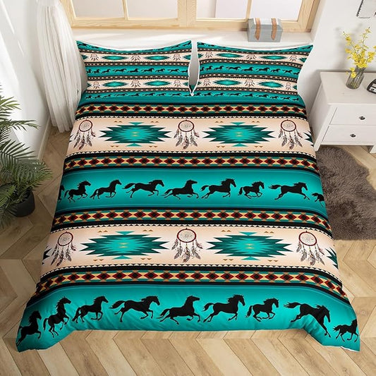 Horse Duvet Cover Dream Catchers Bedding Set for Cowboy Cowgirl,Southwestern Native Aztec Horses Comforter Cover Bohemian Tribe Quilt Cover King Size Farmhouse Wildlife Bedroom Decor,Green