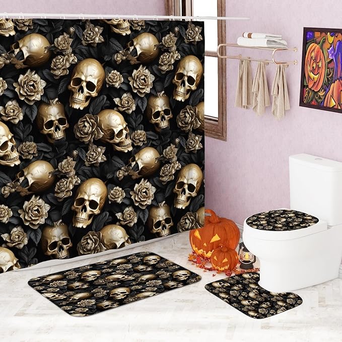 4pcs Skull Shower Curtain Set, Black Gold Flower Bath Mat Rugs Accessories for Halloween Decor, Modern Waterproof Fabric Shower Curtain Set with Hooks 72x72 Inch