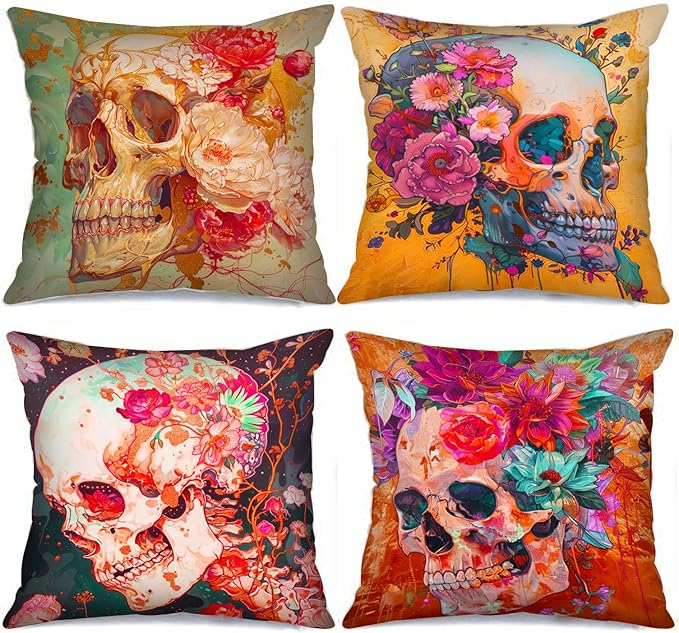 Day of Death Decor Human Skeleton with Flower Throw Pillow Cover Skull Man Pillow Covers 4 Set Graffitic Pillow Cases Cushion Cover Couch Sofa Office House Decor Nordics Pillowcase (18 x18 Inch)