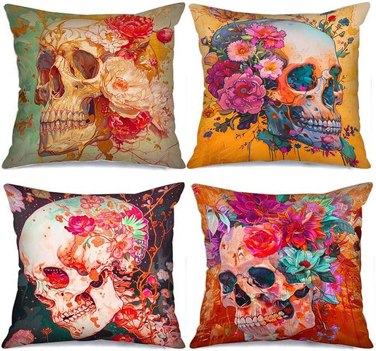 Day of Death Decor Human Skeleton with Flower Throw Pillow Cover Skull Man Pillow Covers 4 Set Graffitic Pillow Cases Cushion Cover Couch Sofa Office House Decor Nordics Pillowcase (18 x18 Inch)
