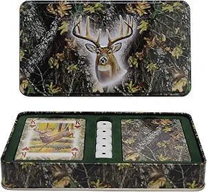 River's Edge Products Playing Cards and Dice Set, 2 Decks of Cards and 5 Dice, Themed Deck of Cards in Tin Case, Unique Novelty Casino Cards for Poker and Gambling Games, Mossy Oak Deer