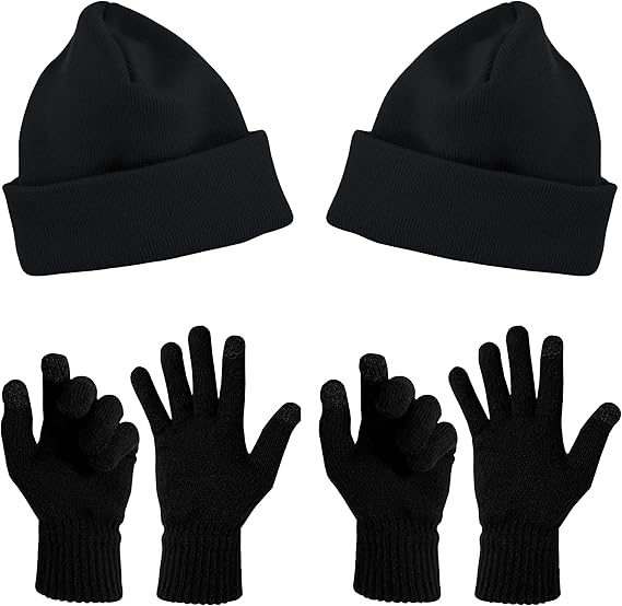 2-Sets Beanies & Touch Screen Gloves, Soft Thick Winter Thermal Plush Toboggan Skull Cap Men Women