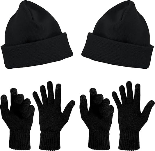 2-Sets Beanies & Touch Screen Gloves, Soft Thick Winter Thermal Plush Toboggan Skull Cap Men Women