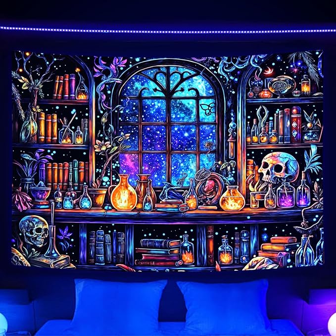 Cool Witchy Bookshelf Blacklight Tapestry UV Reactive, Magic Library Books Skull Galaxy Black Light Art Aesthetic Tapestry Poster for Men Room Bedroom, Glow in The Dark Tapestry Party Decor