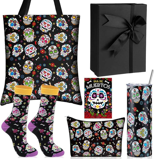 6 Pcs Christmas Gothic Gifts for Women Include Skull Tumbler Canvas Bag Makeup Bag Sock Greeting Card and Black Gift Box Holiday Spooky Party Favors for Mexican Women Friends