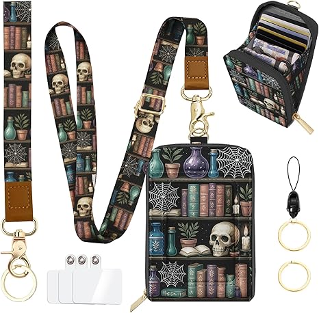 Lanyards Wallet for ID Badge Holder,Skull Bookshelf ID Case with Zipper,RFID Credit Card Holder for Women,Detachable Neck Lanyard Wrist Strap with Keychain Phone Holder for Teacher Nurse Gifts