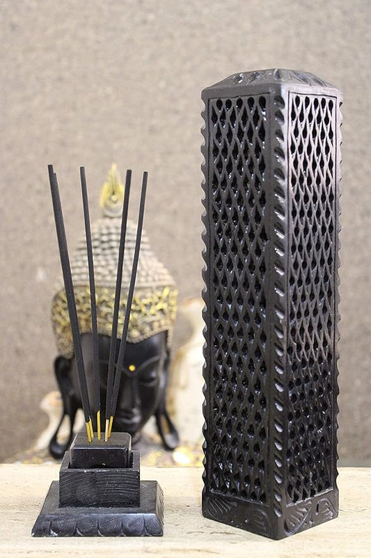 Handmade Black Soapstone Incense Stick Tower Holder | Marble Incense Stick Tower Burner Holder Spa Aromatherapy Home Office Fragrance Accessories Home Office Decor - (11 X 3 Inches)