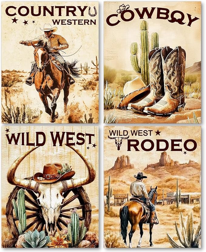 laveliabel Vintage Country Western Cowboy Rodeo Bull Skull Wall Art Prints Set of 4 Unframed, Vintage Western Decor, Retro Wild West Poster Wall Decor for Bedroom Living Room Home Office, 8x10 Inches