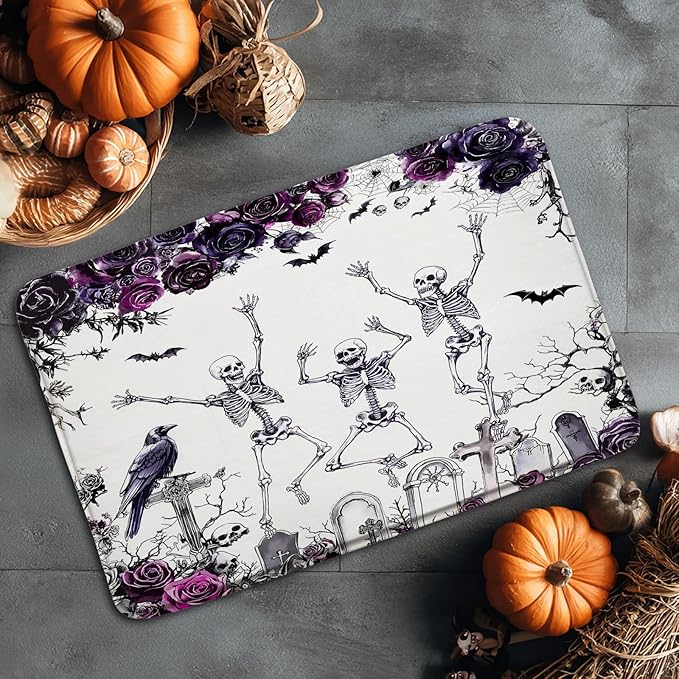 Gothic Halloween Bath Mat Spooky Skull Skeleton Purple Floral Bats Raven Tomb Bathtub Area Rugs Bathroom Decor(20x32 Inch)