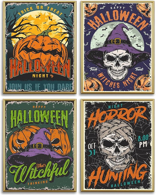 Horror Halloween Wall Art Posters-Witch Skull Pumpkin Art Prints For Bedroom-Creepy Goth Pictures Artwork Posters for Gallery Living Room Halloween Party Home Wall Decor
