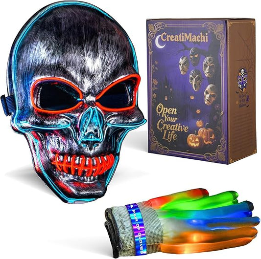 LED Mask,Halloween Costumes LED Gloves Set,Scary Masks,Glow in Dark Skeleton Cool Halloween Gifts for Adult&Teens