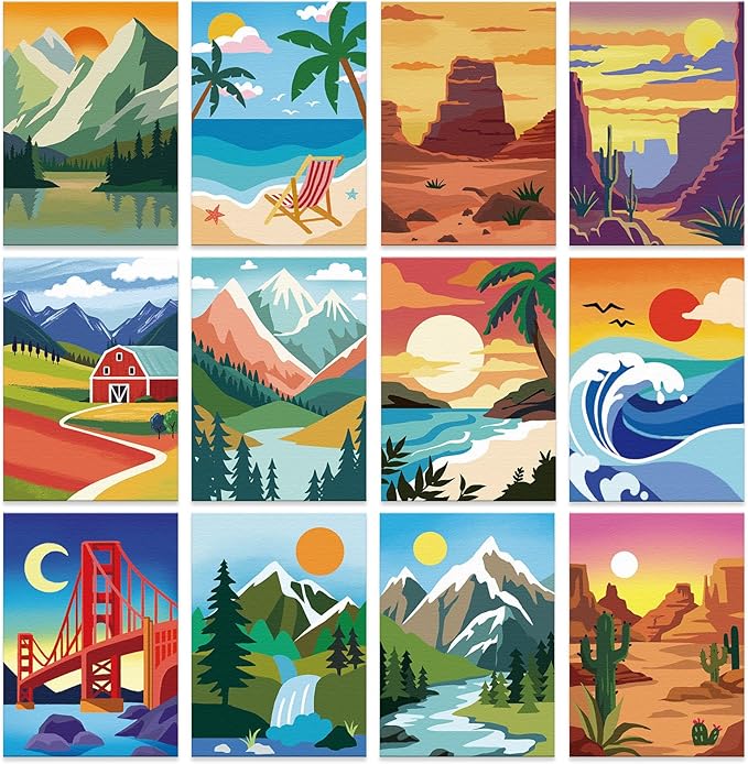 12 Packs Pre Drawn Canvas to Paint for Adults, Pre Printed Canvas for Kids, Pre Stretched Canvas Outline Painting Boards for Beginners, Students, Party Favor (5 * 7 inch, Landscape)