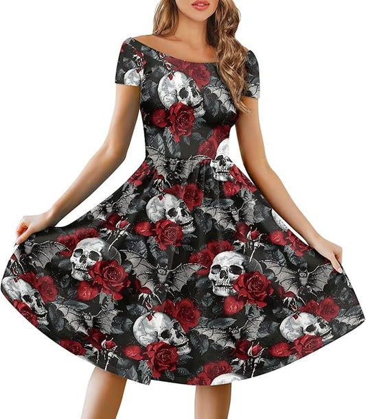 Women's Short Sleeve Fall Dresses Wedding Guest One Shoulder Flowing A-Line Dresses XS - 4XL