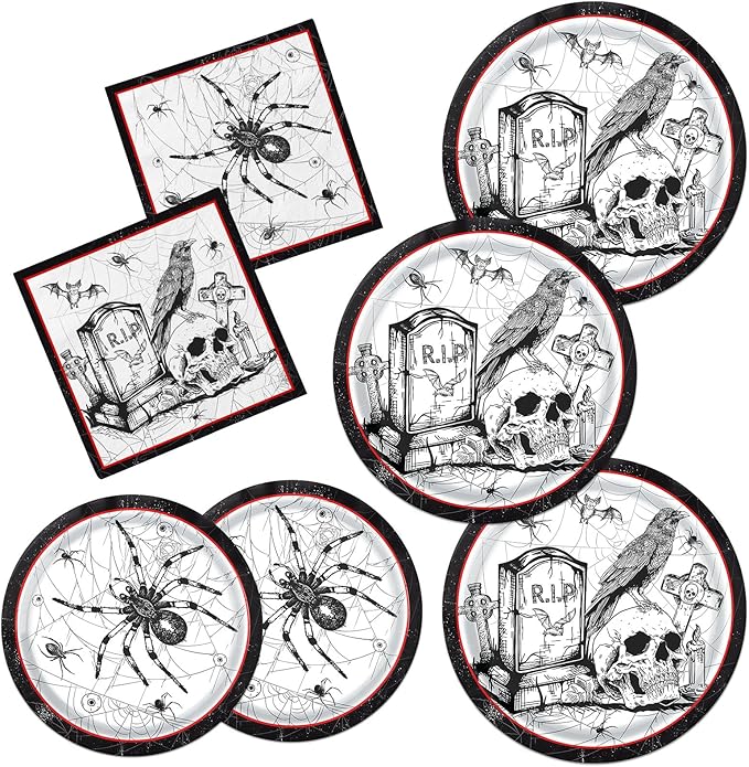 Spider Webs Halloween Plates and Napkins, 60Pcs Featuring Skull & Spider Themes Halloween Party Supplies Vintage Skull Raven Paper Plates and Napkins for Gothic halloween Decor