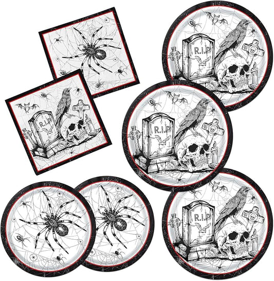Spider Webs Halloween Plates and Napkins, 60Pcs Featuring Skull & Spider Themes Halloween Party Supplies Vintage Skull Raven Paper Plates and Napkins for Gothic halloween Decor