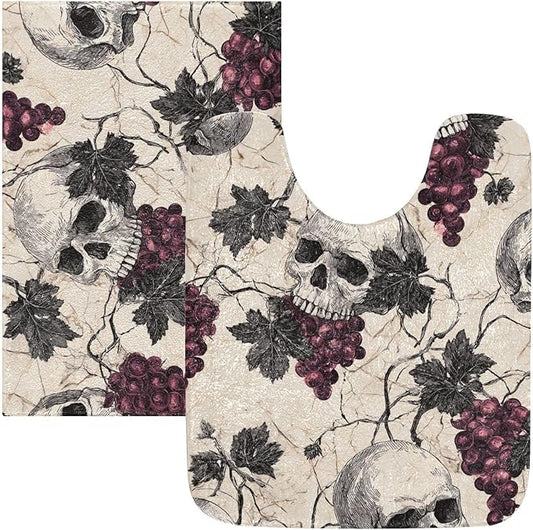 ALAZA Skulls Grapes Marble Bathroom Mats Set, 2-Piece Set, Rectangle Bath Mat 16 x 24 inch and U-Shaped Toilet Mat 20x24 inch,Non-Slip Absorbent Soft Bathroom Rug Floor Mats