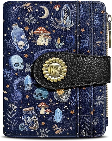 Skull Mushroom Snake Night Small Rfid Women Wallet Bifold Zipper Coin Pocket PU Leather Compact Cash Credit Card Holder Travel Wallet for Female Ladies Teen Girls 1 ID Window 10 Card Slots