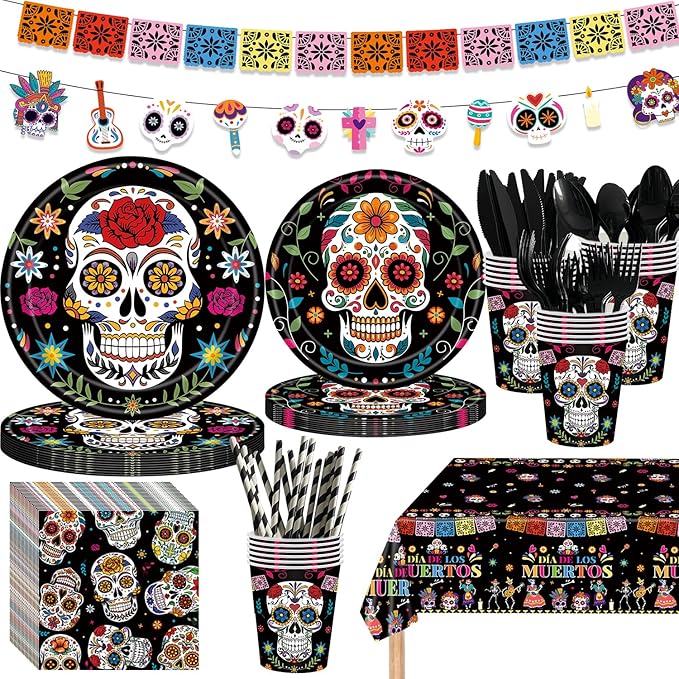 195Pcs Day of the Dead Party Supplies,Dia de Los Muertos Decorations,Skull Party Plates Napkins Cups Knives Forks Spoons Party Decoration for Mexican Fiesta Halloween Birthday Party