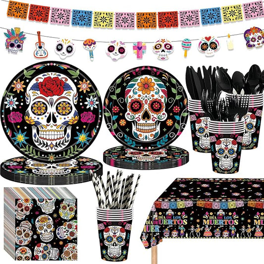 195Pcs Day of the Dead Party Supplies,Dia de Los Muertos Decorations,Skull Party Plates Napkins Cups Knives Forks Spoons Party Decoration for Mexican Fiesta Halloween Birthday Party