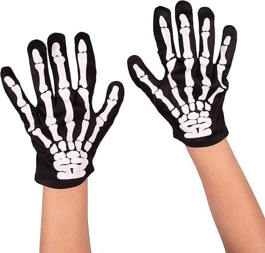 Skeleton Gloves - Skull Hands Gloves for Kids - Bone Reaper Ghost Halloween Apparel Accessories - White Printed Black Skeleton Gloves