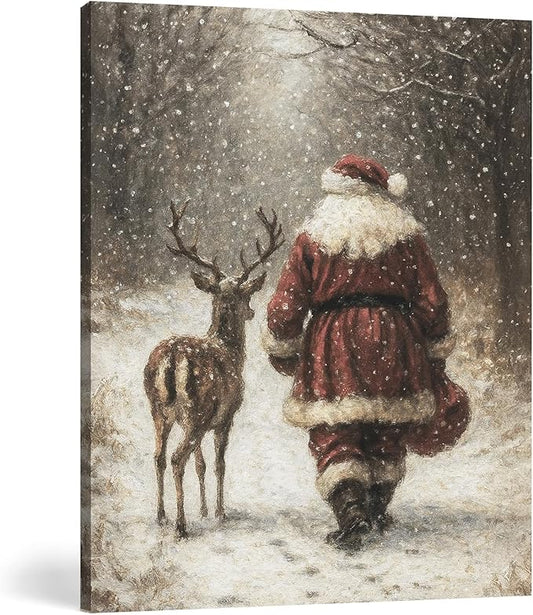 FGFK Vintage Christmas Reindeer and Santa Wall Art Decor Framed, Holiday Winter Christmas Decor, Rustic Xmas Snowy Forest Canvas Prints Poster Wall Decorations for Home Bedroom Living Room, 8x10 Inch