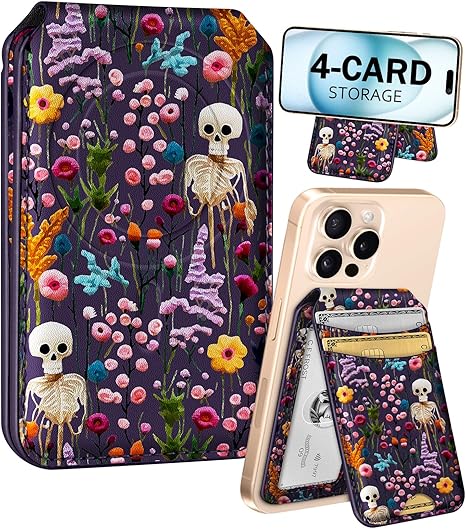 Shorogyt Compatible with Magsafe Wallet for Magnetic Fold Card Holder for Women - Cute Phone Wallet for iPhone 17/16/15/14/13/12 Series,RFID Blocking Stand Printed Leather Fit 4 Cards,Skull Flower