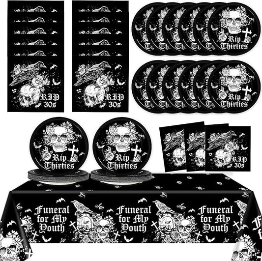 Rip 30s Birthday Party Supplies Serves 24 Death To My 30s Party Decorations Paper Plates Napkins Disposable Black 40th Birthday Tablecloth Set Tableware Kit for My Youth Funeral Party