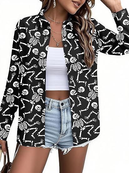 Dia De Los Muertos Shirt for Women: Day of The Dead Skeleton Shirts Funny Sugar Skull Graphic Tops Button Down Blouse