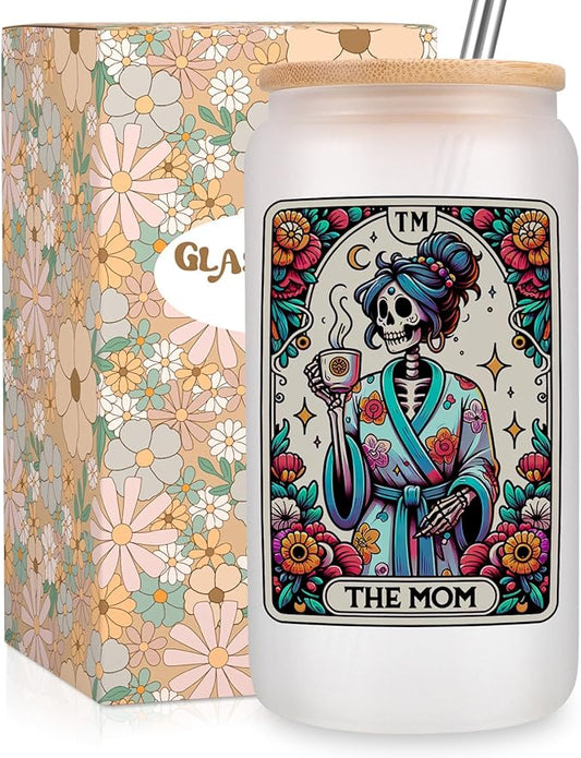 Fairy's Gift Skeleton Mom Iced Coffee Cups, Cute 16 oz Frosted Glass Tumbler w/Lid Straw, the Mom Tarot Card Christmas Skull Cup, Mama Witchy Gifts for Women, Goth Bday Gothic Spooky Gifts for Mommy