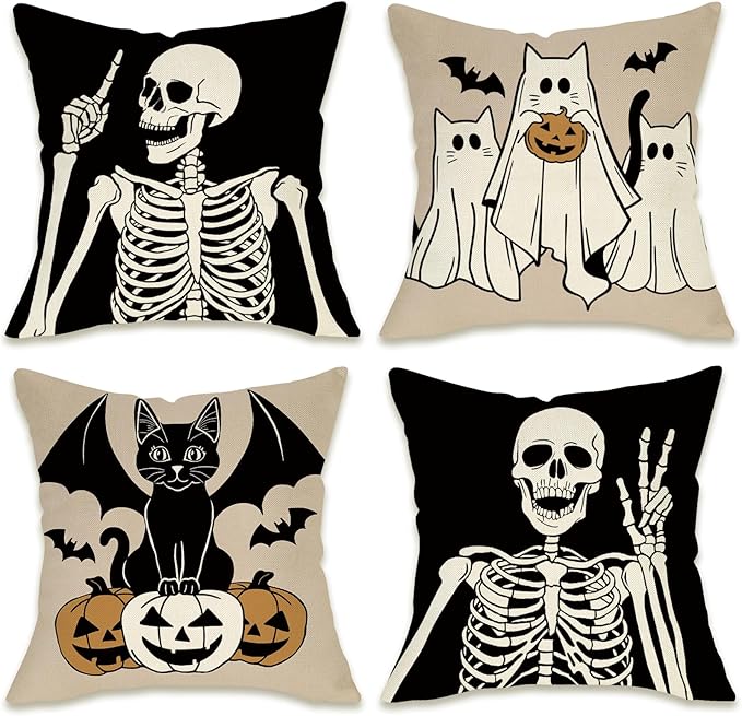 Fahrendom Halloween Gothic Skeleton Decorative Throw Pillow Covers 18 x 18 Set of 4, Spooky Ghost Skull Black Cat Porch Patio Outdoor Pillowcase, Funny Bats Pumpkin Sofa Couch Cushion Case Home Decor