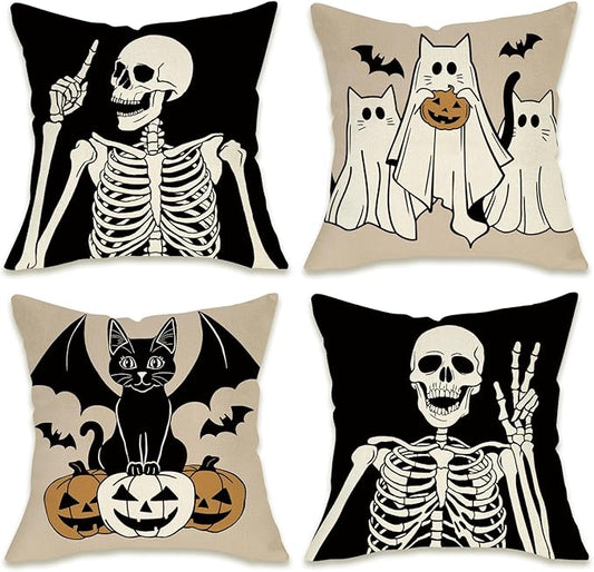 Fahrendom Halloween Gothic Skeleton Decorative Throw Pillow Covers 18 x 18 Set of 4, Spooky Ghost Skull Black Cat Porch Patio Outdoor Pillowcase, Funny Bats Pumpkin Sofa Couch Cushion Case Home Decor