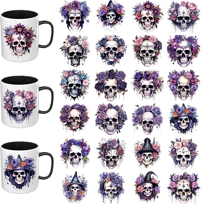 24PCS UV DTF Cup Wrap for Mugs UV DTF transfer paper DIY crafts can be used for mugs, glasses, laptops, thermos cups, etc. (Gothic skull and roses)