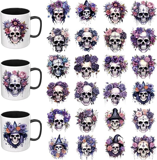 24PCS UV DTF Cup Wrap for Mugs UV DTF transfer paper DIY crafts can be used for mugs, glasses, laptops, thermos cups, etc. (Gothic skull and roses)