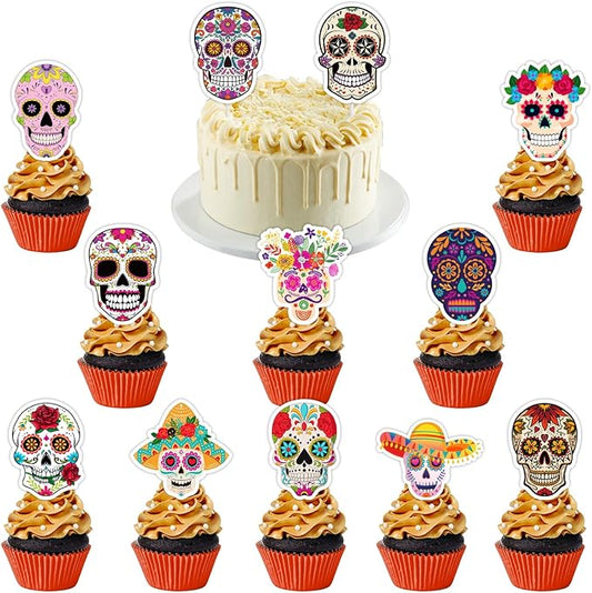 Day of The Dead Cupcake Toppers Decors - Mexican Dia De Los Muertos Dessert Toppers - DIY Shaped Sugar Skull Halloween Party Supplies Treat Picks Decorations - Set of 36