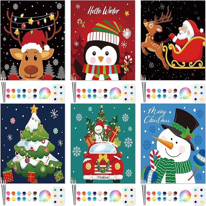 6 Pack Pre Drawn Canvas for Painting Pre Printed Canvas Kit 8 x 10 Inch Stretched Cotton Paint and Sip Set for Adults Couple Party Date Night(Christmas Eve)
